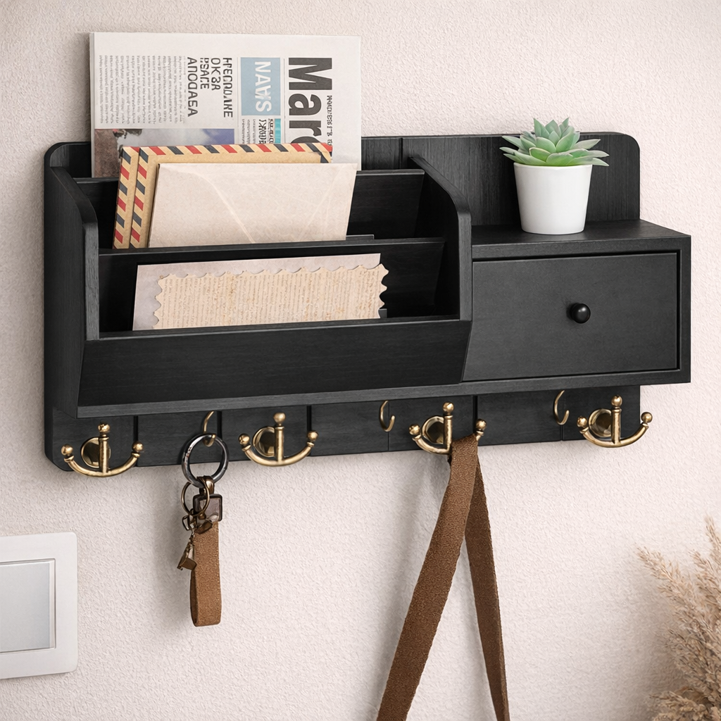 Premium Wall-Mounted Key Holder with Mail Sorter and Storage Drawer