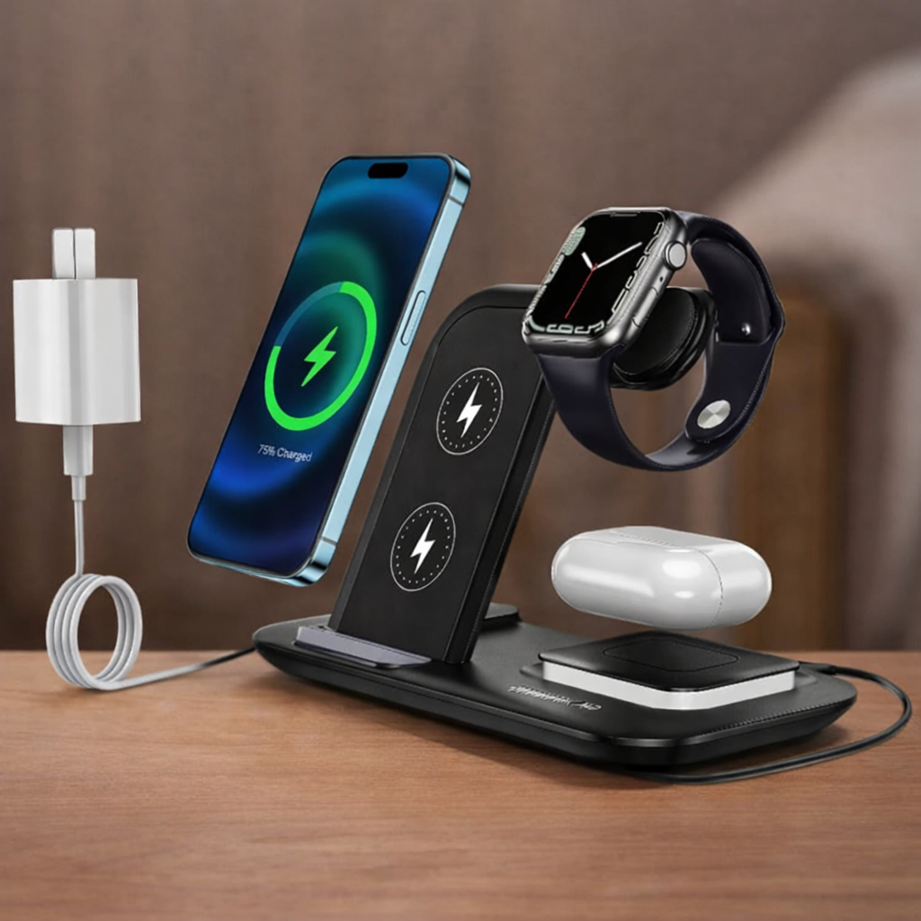 5-in-1 Wireless Charging Station with Desk Lamp: Dual-Phone Charging 15W Fast Charging for iPhone 15/14/13/12/11 Apple Watch 9/8/7/6/5/SE AirPods 3/2/1 - Black