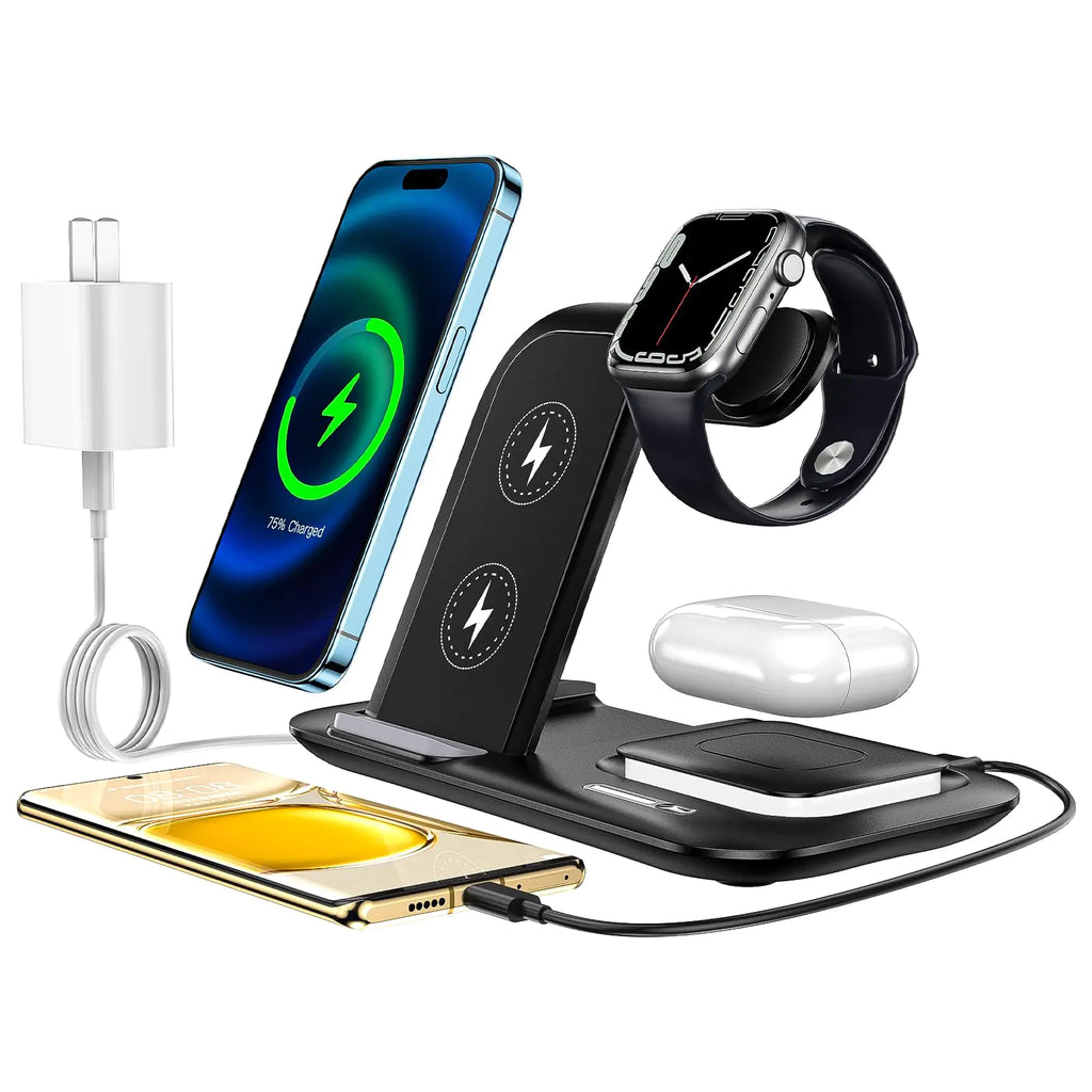 5-in-1 Wireless Charging Station with Desk Lamp: Dual-Phone Charging 15W Fast Charging for iPhone 15/14/13/12/11 Apple Watch 9/8/7/6/5/SE AirPods 3/2/1 - Black